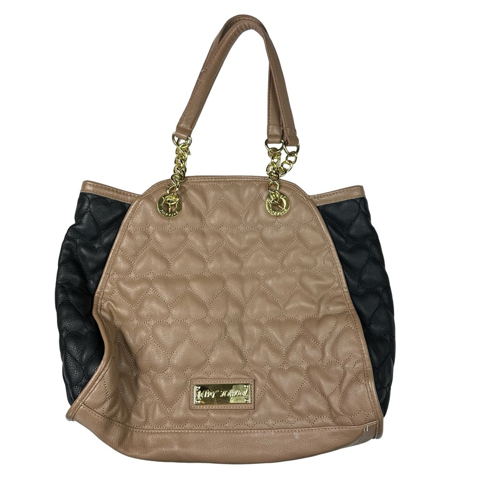 Betsey Johnson Quilted Heart Vegan Faux Leather Brown Black Large Shoulder Bag